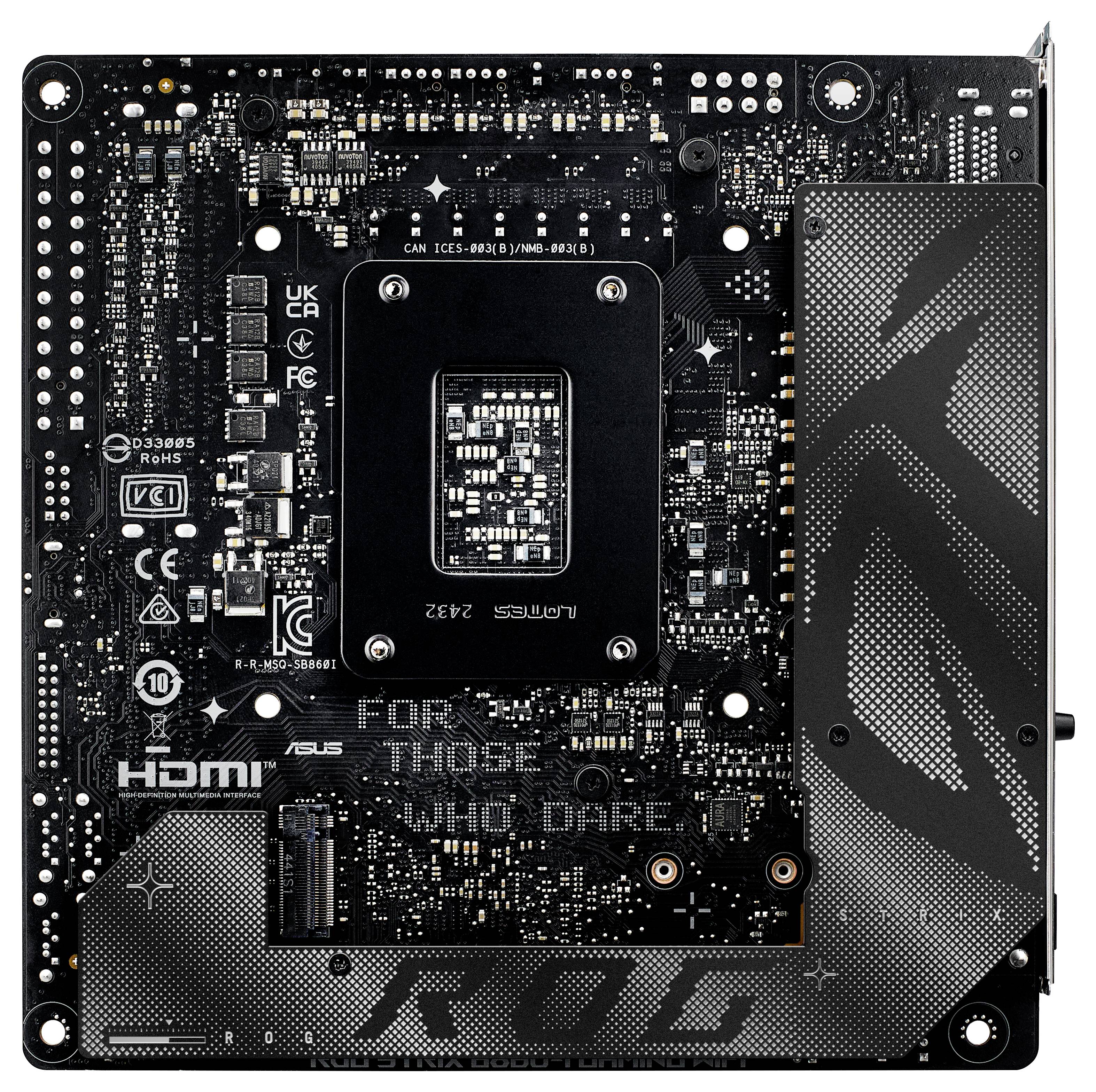 Eine Computermotherboard mit 'STRIX' Branding, mit freiliegendem zentralem Prozessorsockel und mehreren Kühlkörpern in einem kompakten Design.