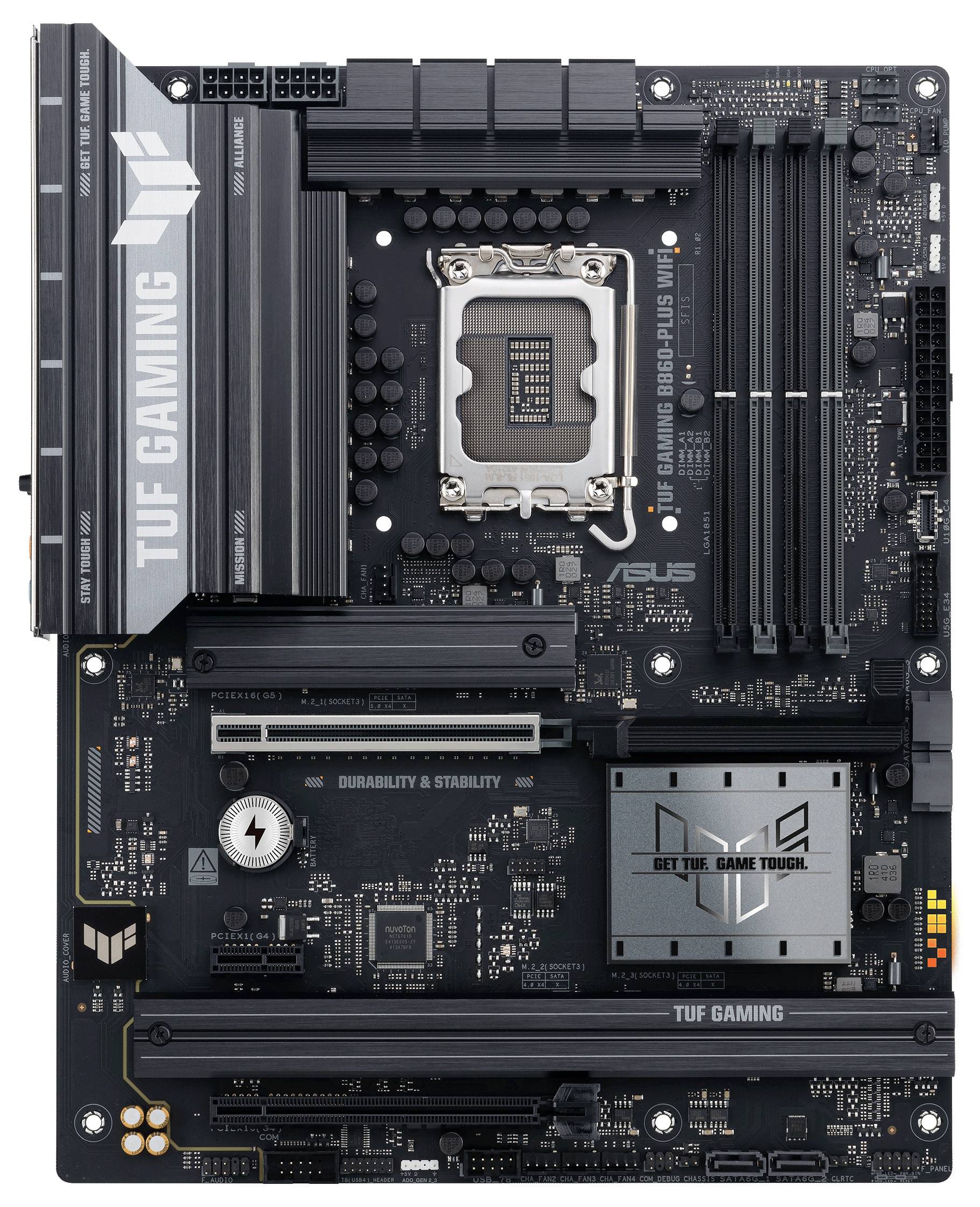 TUF Gaming Mainboard mit mehreren Steckplätzen und Anschlüssen, mit Betonung auf Haltbarkeit und Stabilität. ASUS-Markenlogo sichtbar.