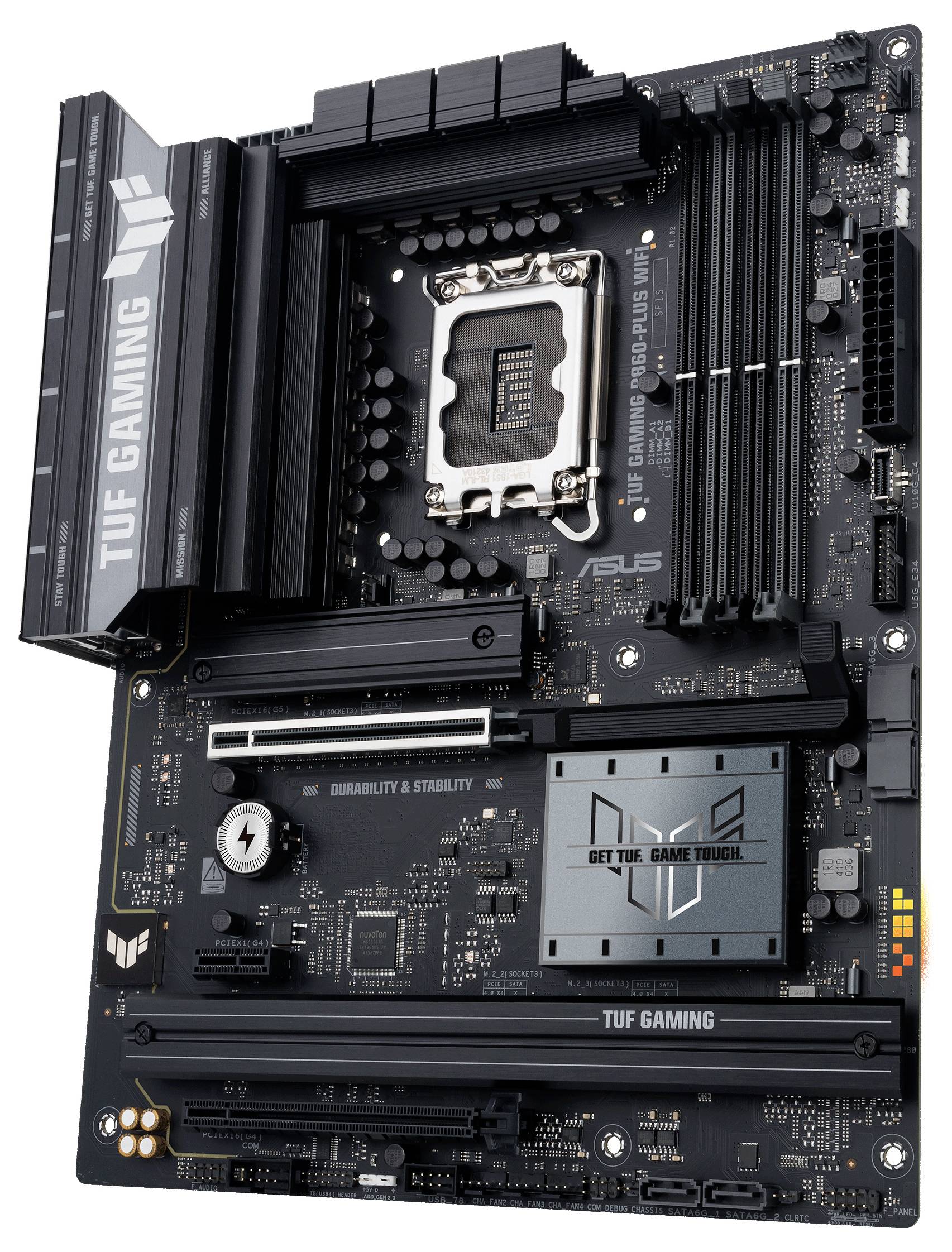 TUF Gaming Mainboard mit schwarzem Design, sichtbarem CPU-Sockel, RAM-Steckplätzen und Branding-Elementen. Entwickelt für Langlebigkeit und Stabilität.