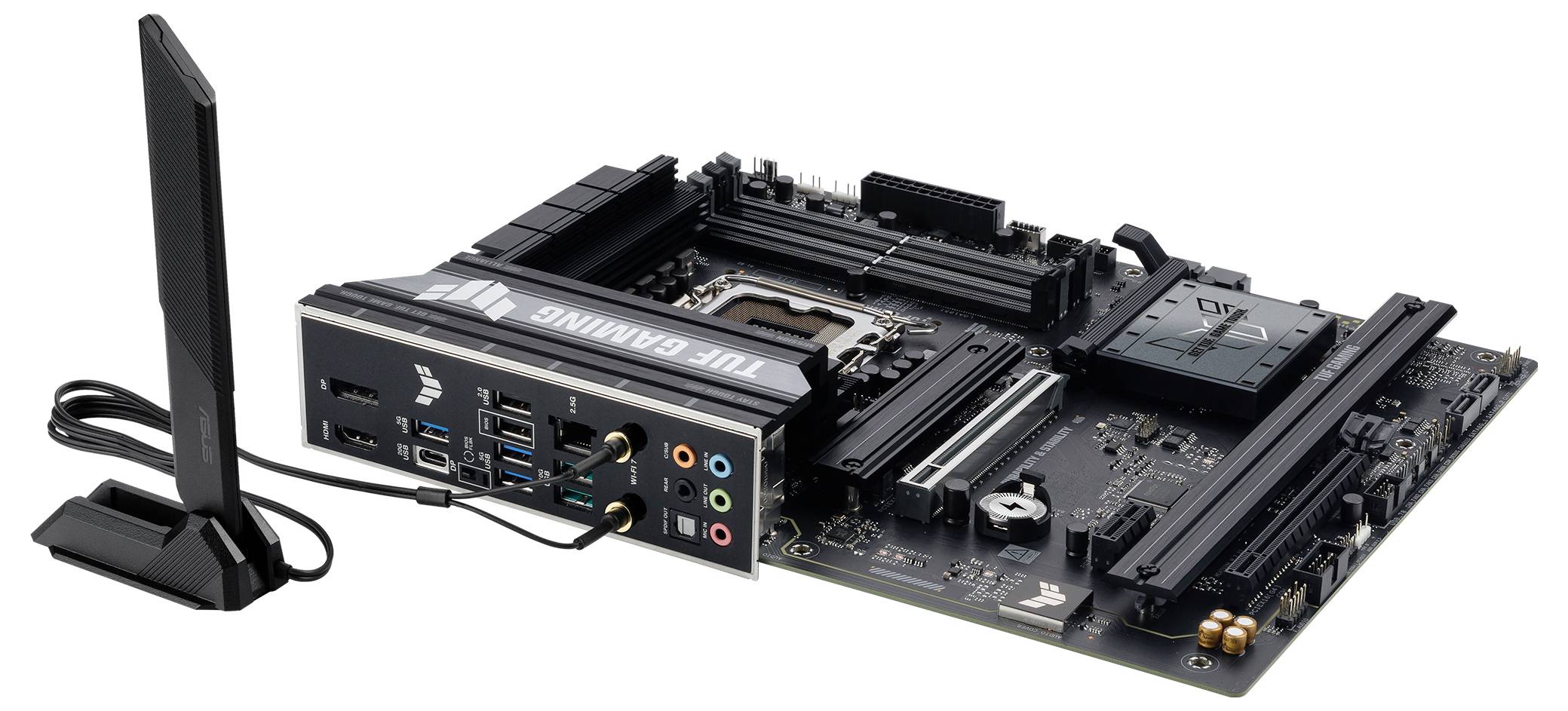 Eine Gaming-Motherboard mit mehreren Steckplätzen und Anschlüssen ist neben einer Antenne abgebildet und veranschaulicht ihre Konnektivitäts- und Designmerkmale.