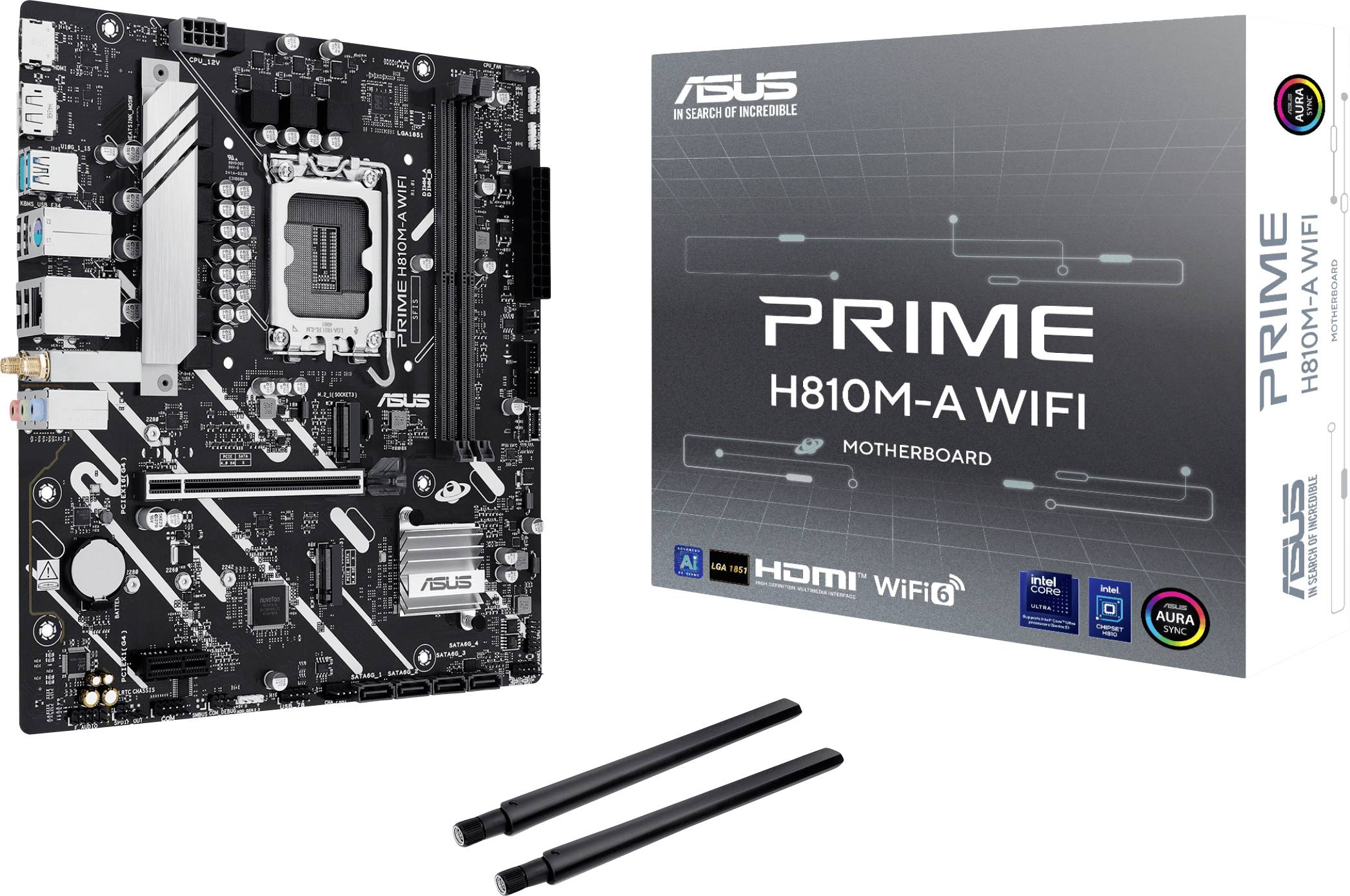 Mainboard in einer Schachtel mit der Aufschrift 'ASUS PRIME H810M-A WIFI', ausgestattet mit WLAN-Funktionalität und HDMI. Inklusive zwei Antennen.