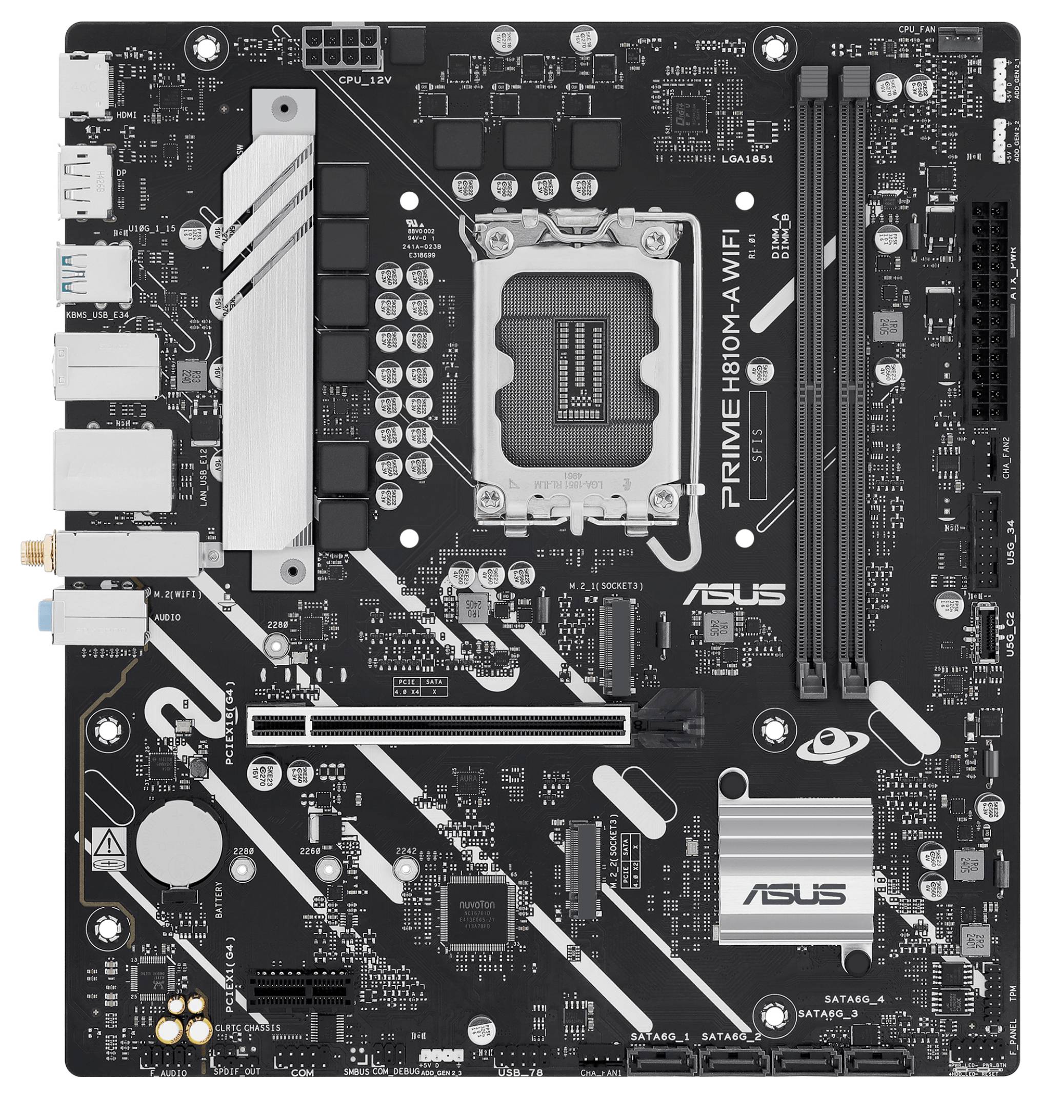 'ASUS PRIME H610M-A WIFI' Mainboard mit verschiedenen Steckplätzen, Anschlüssen und Komponenten zum Aufbau oder Upgrade eines Computers.