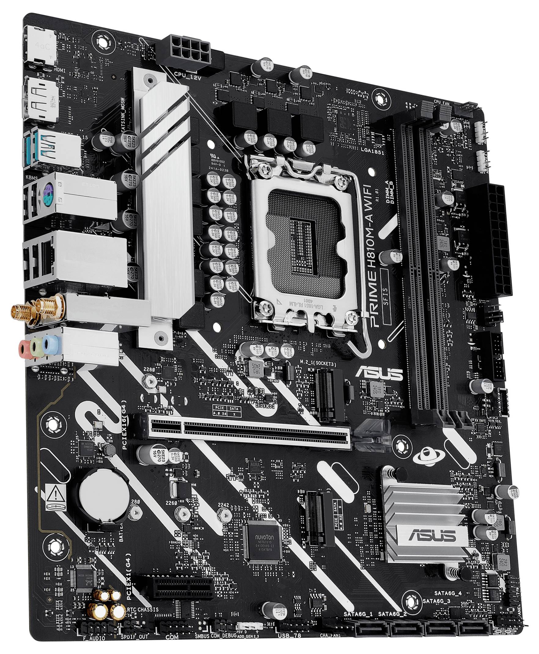 Eine schwarze und silberne ASUS-Mainboard mit mehreren Anschlüssen, Steckplätzen für RAM, einem CPU-Sockel und der Beschriftung 'PRIME B560M-A WIFI' für den PC-Aufbau.