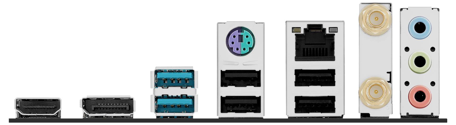 Verschiedene Computeranschlüsse und Verbinder, einschließlich HDMI, USB, PS/2, Ethernet, Koaxial und Audiobuches, in einer Reihe angeordnet.