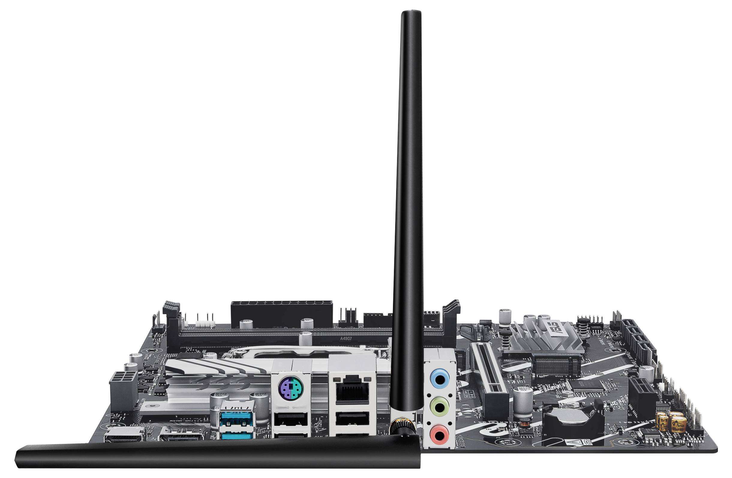 Eine Nahaufnahme eines Computermotherboards mit zwei markanten schwarzen Antennen, USB-Anschlüssen und Audiobuchsen auf weißem Hintergrund.