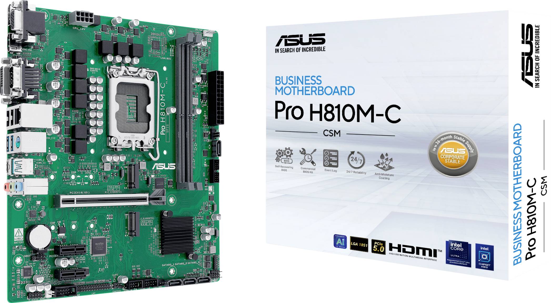 ASUS Pro H810M-C Mainboard und seine Verpackungsbox, Hervorhebung von Funktionen wie Business-Mainboard, Intel-Chipsatz, PCIe-Steckplatz, HDMI-Unterstützung.