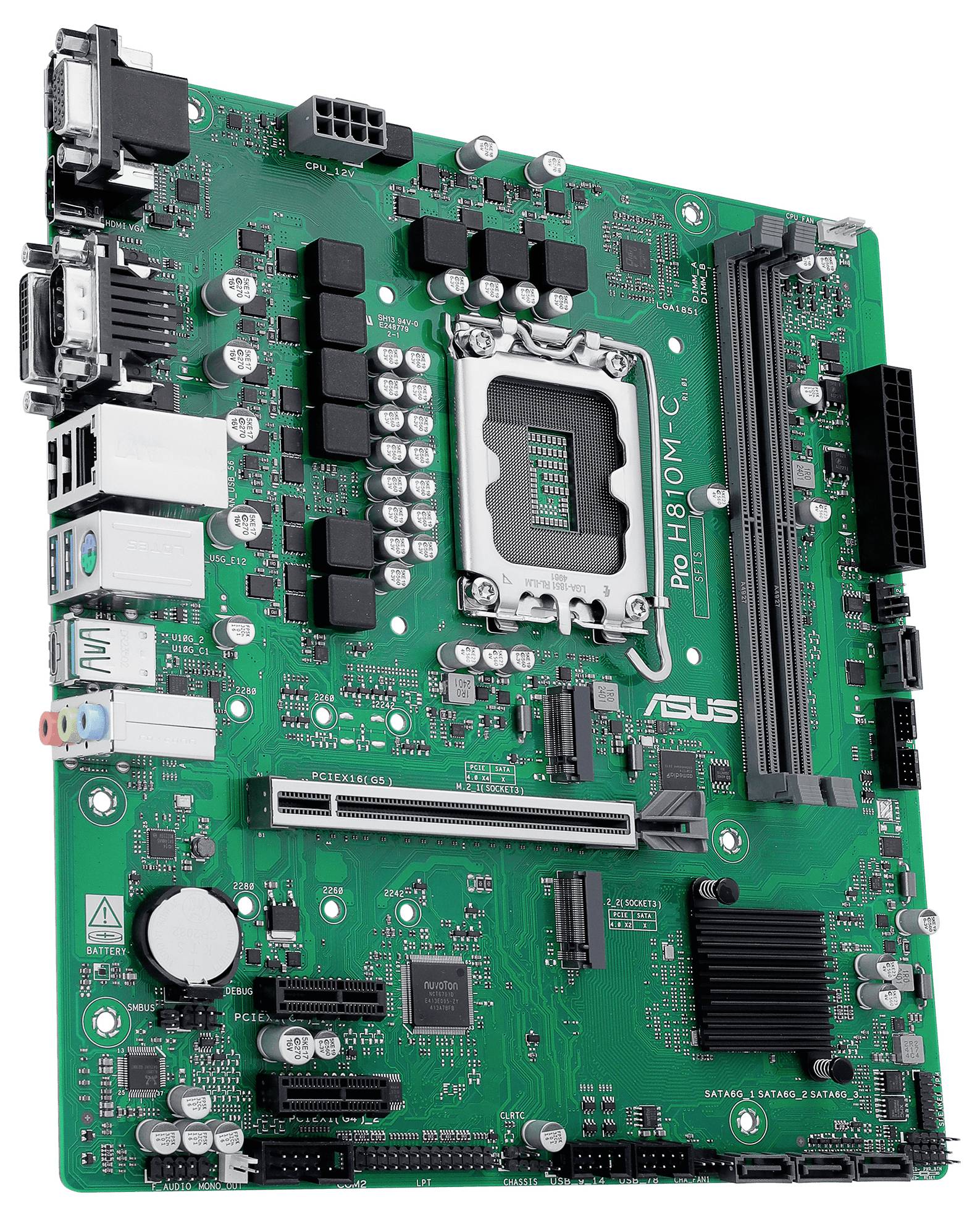 Eine grüne Computerplatine mit verschiedenen Komponenten, einschließlich Prozessorsockel, PCIe-Steckplätzen, RAM-Steckplätzen und mehreren Anschlüssen und Ports.