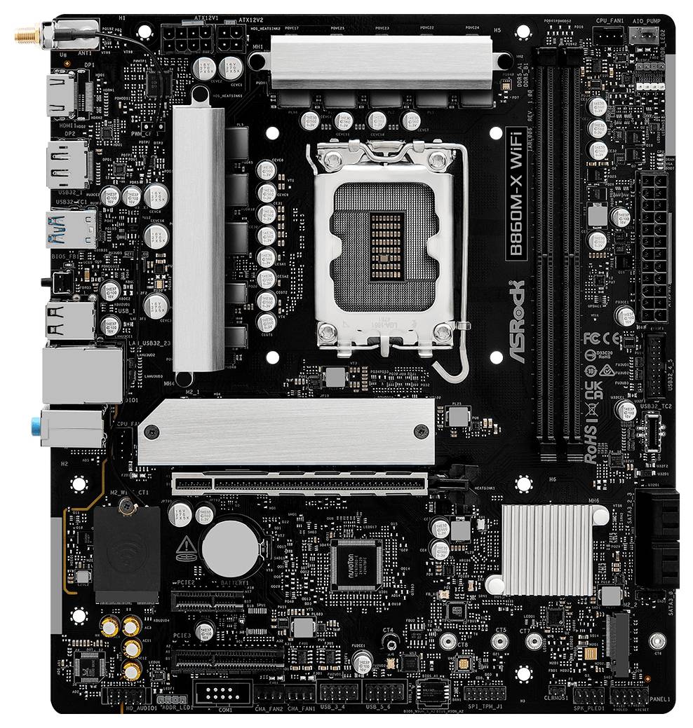 Eine Computermotherboard mit einem LGA-Sockel, mehreren PCIe-Steckplätzen, RAM-Steckplätzen, USB-Anschlüssen und integrierten WLAN-Funktionen.