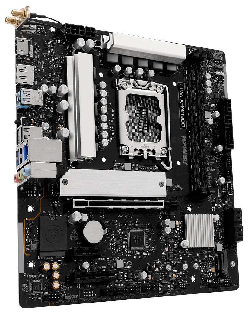 Eine Hauptplatine mit mehreren Anschlüssen, Steckplätzen und einem großen CPU-Sockel, wahrscheinlich für einen Computeraufbau oder eine Hardwarekonfiguration.