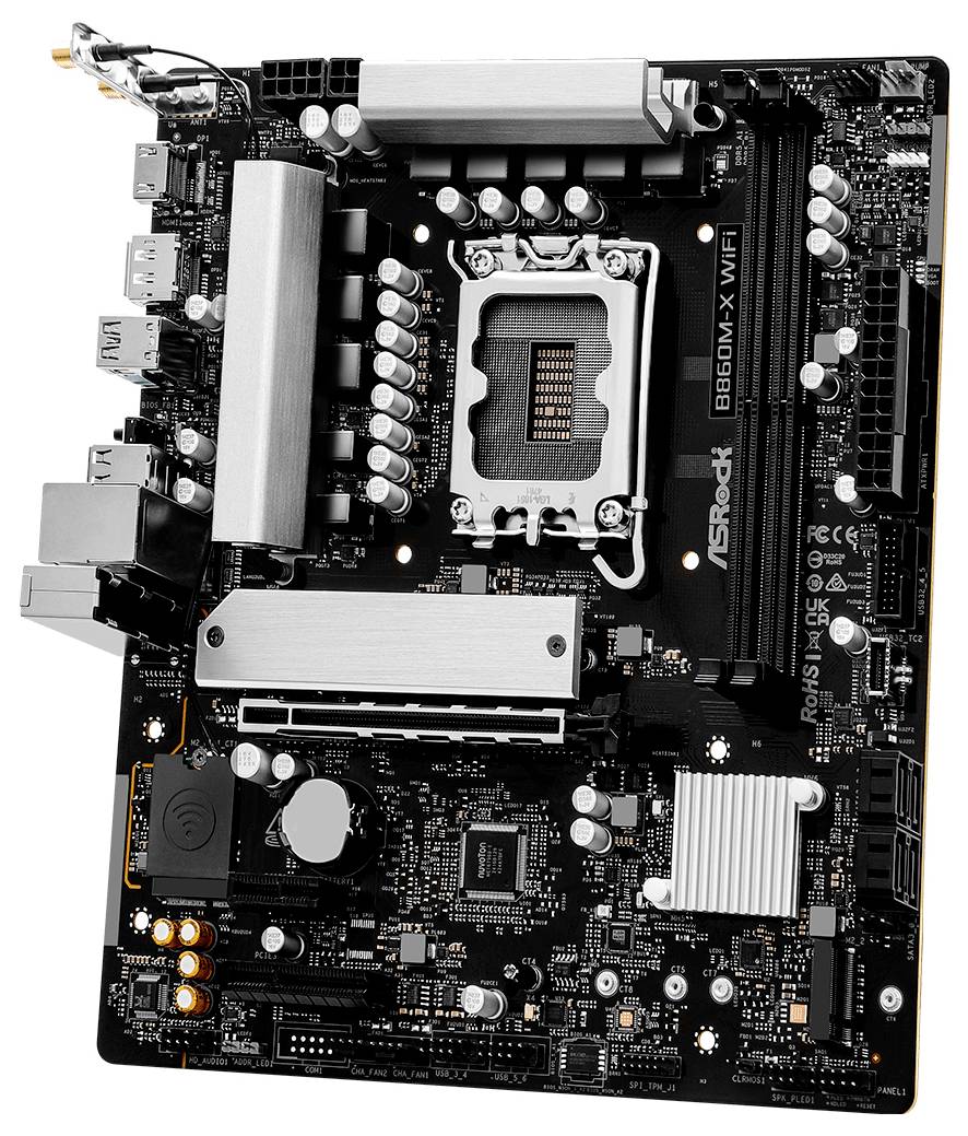 Eine Computermotherboard mit verschiedenen Steckplätzen, Anschlüssen, Chipsätzen und Verbindern, entwickelt zur Montage und Schnittstelle von Computerhardware.