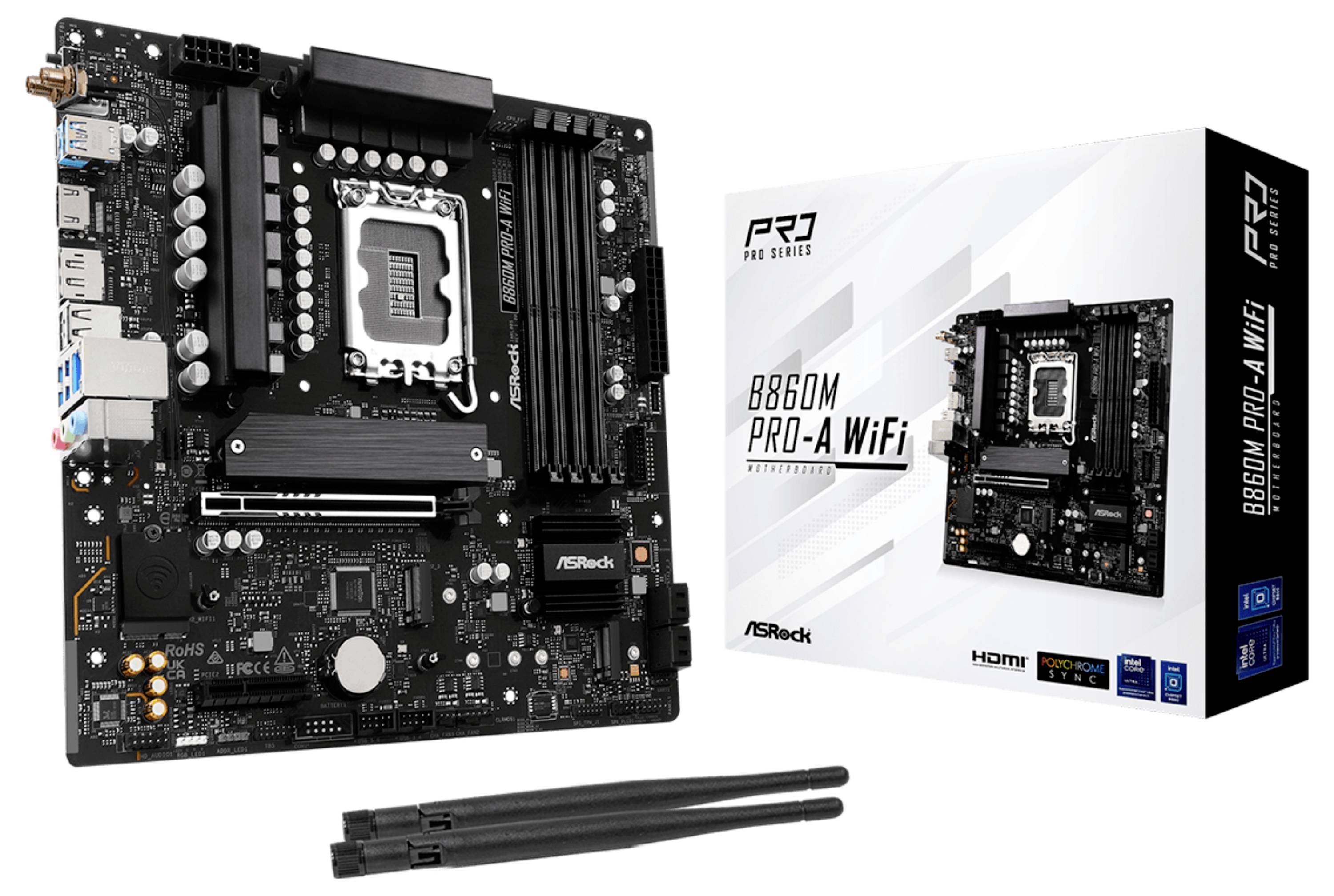 Mainboard ASRock B660M Pro-A WiFi mit Verpackung und Antennen, geeignet für Intel-Prozessoren, mit vielfältigen Anschlüssen und Steckplätzen für Konnektivität.