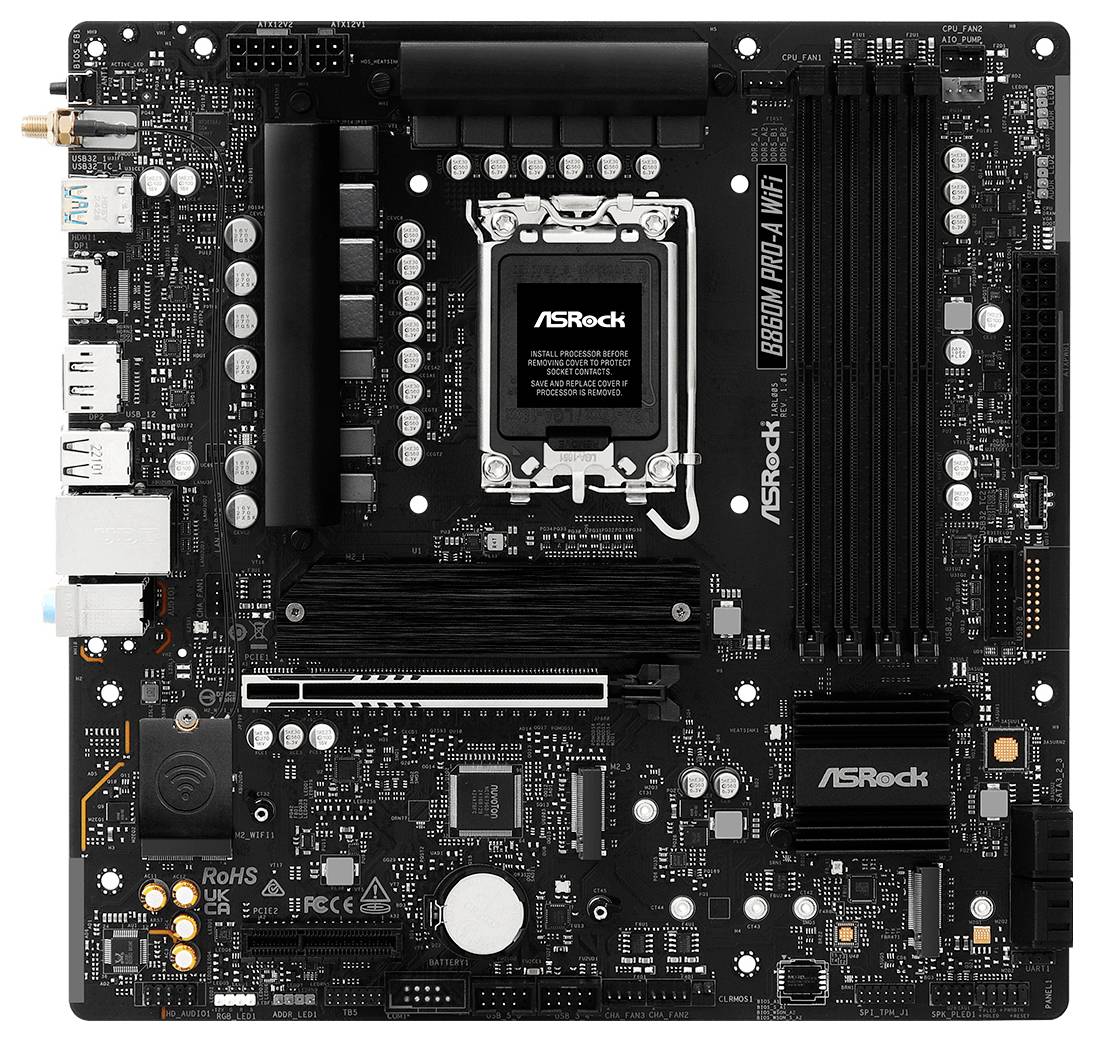 Mainboard mit 'ASRock'-Branding, das den CPU-Sockel, RAM-Steckplätze und verschiedene Anschlüsse und Ports zeigt.