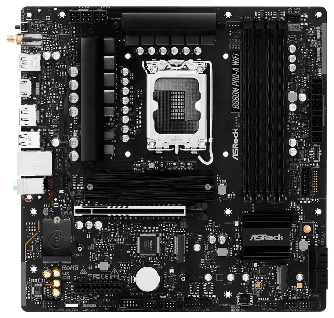 ASRock B660M Pro4/ax Mainboard von oben, mit CPU-Sockel, RAM-Steckplätzen, PCI-Steckplätzen und Anschlüssen.