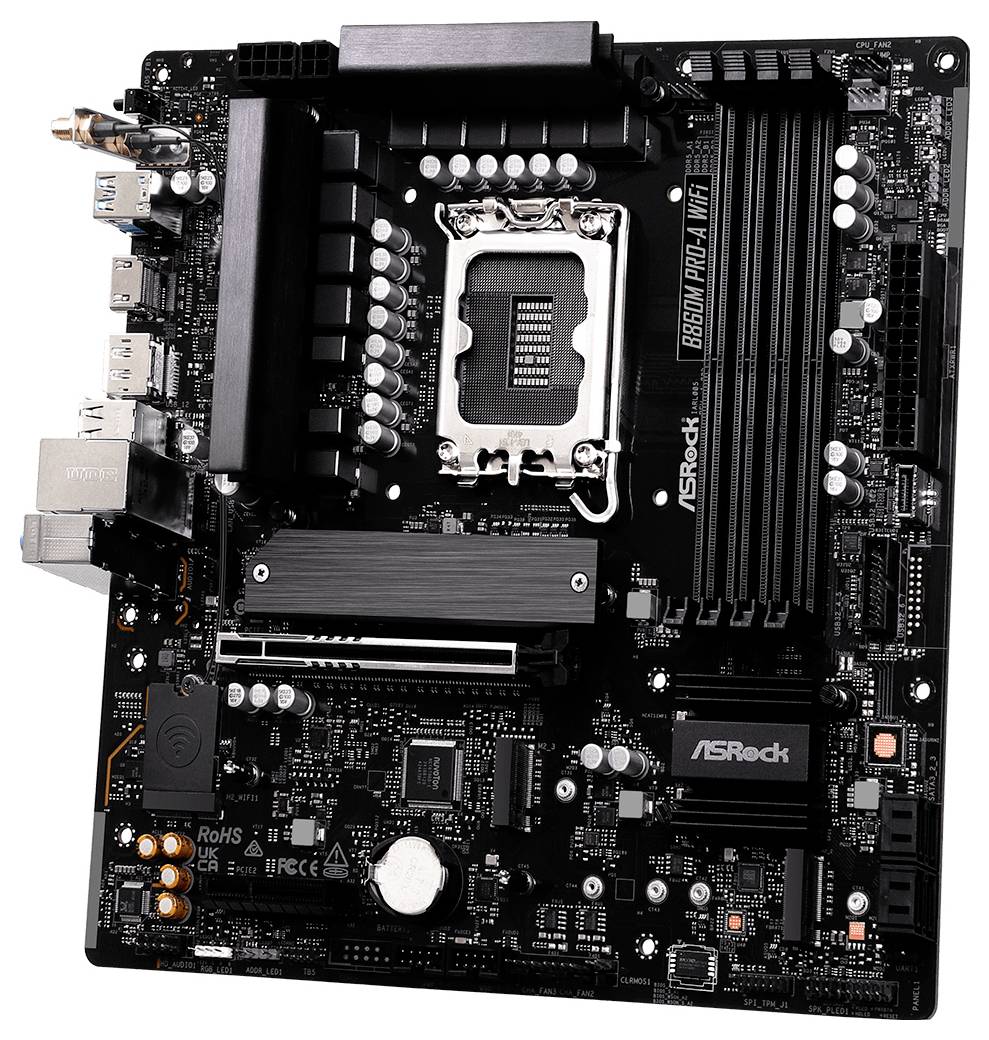 Eine Computermotherboard mit mehreren PCI-Steckplätzen, RAM-Steckplätzen und Anschlüssen mit der Bezeichnung 'ASRock B560M Pro4'.