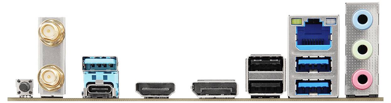 Bild eines Mainboard-Rückpanels mit USB-, Audio-, HDMI-, Ethernet-Anschlüssen und Antennenanschlüssen, horizontal angeordnet.