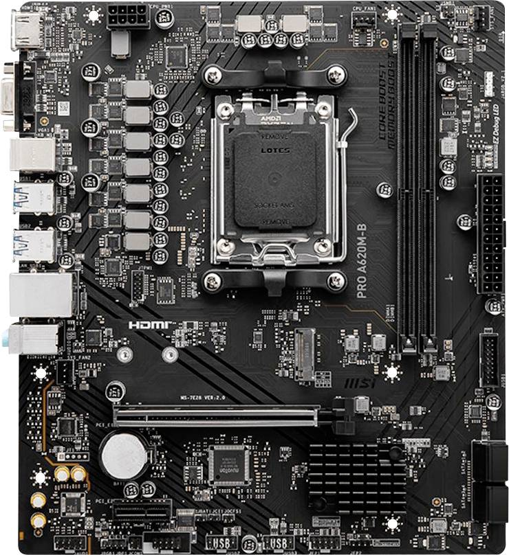 Eine Computermotherboard mit verschiedenen Anschlüssen, Steckplätzen und Komponenten, einschließlich eines CPU-Sockels, RAM-Steckplätzen, PCIe-Steckplätzen und zahlreichen Anschlüssen.