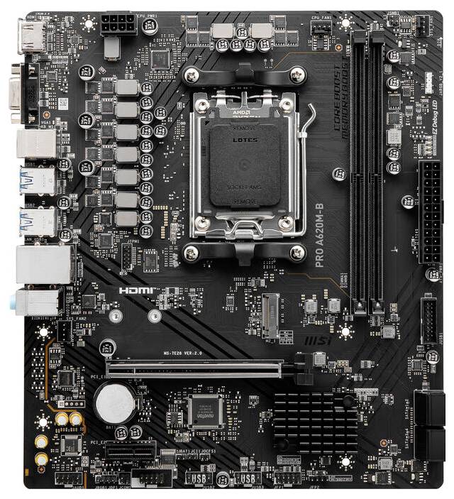 Eine Computermotherboard mit einem zentralen Prozessorsockel, umgeben von Erweiterungssteckplätzen, Stromverbindern und mehreren USB-Anschlüssen.