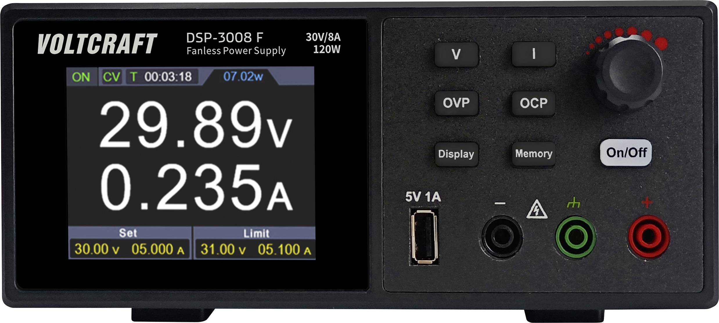VOLTCRAFT DSP-3008 F Labornetzgerät, einstellbar 0 - 30V 0 - 8A 120W USB lüfterlos Anzahl Ausgänge 1 x