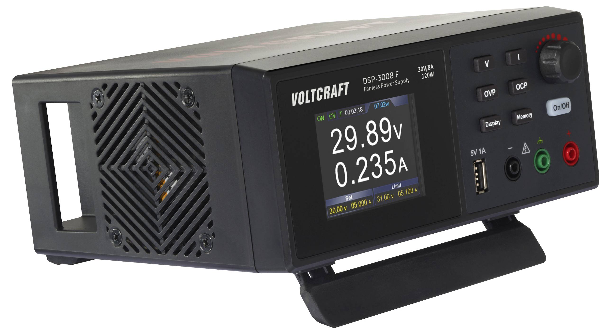 Ein Voltcraft DPS-3005P-Netzteil, das auf einem digitalen Display 29,89V und 0,235A anzeigt, mit Bedienungstasten und einem USB-Anschluss auf der Frontplatte.