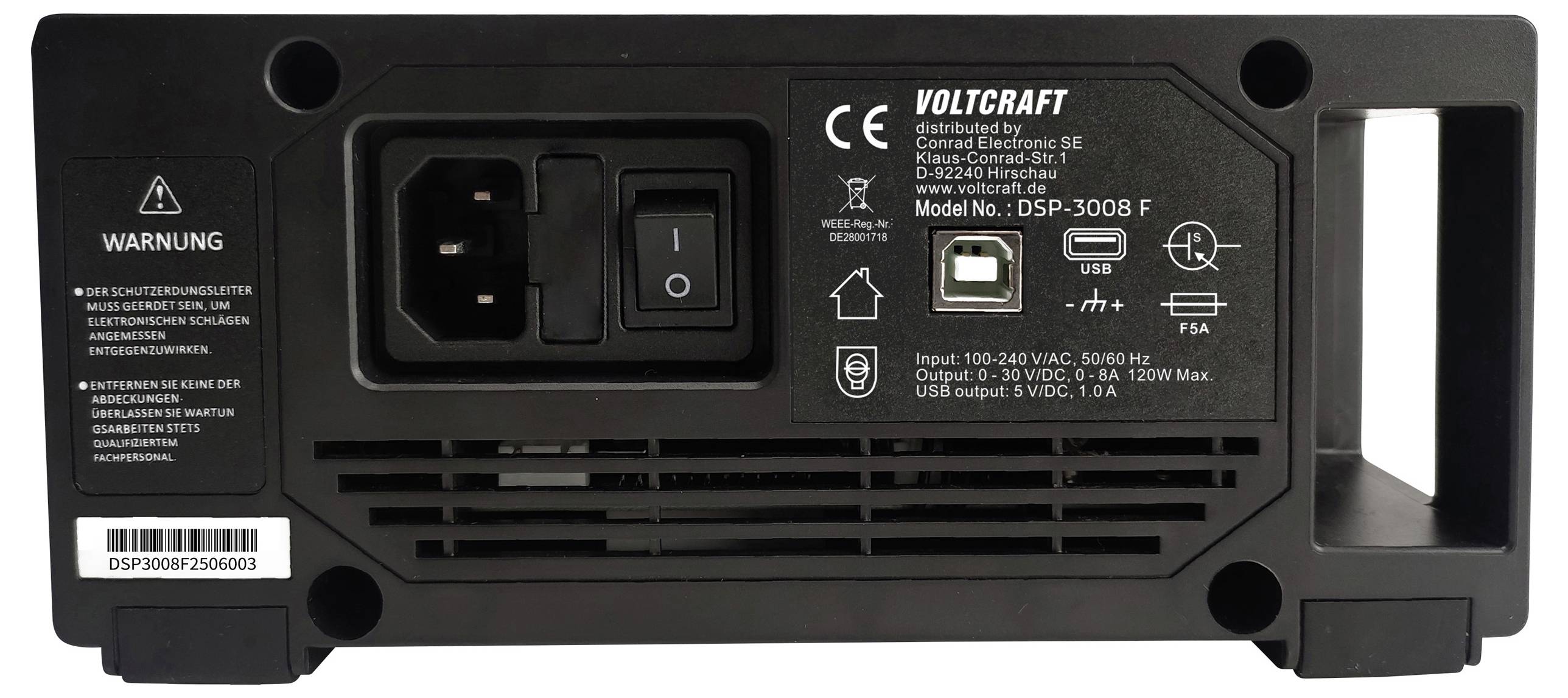 VOLTCRAFT DSP-3008 F Labornetzgerät, einstellbar 0 - 30V 0 - 8A 120W USB lüfterlos Anzahl Ausgänge 1 x