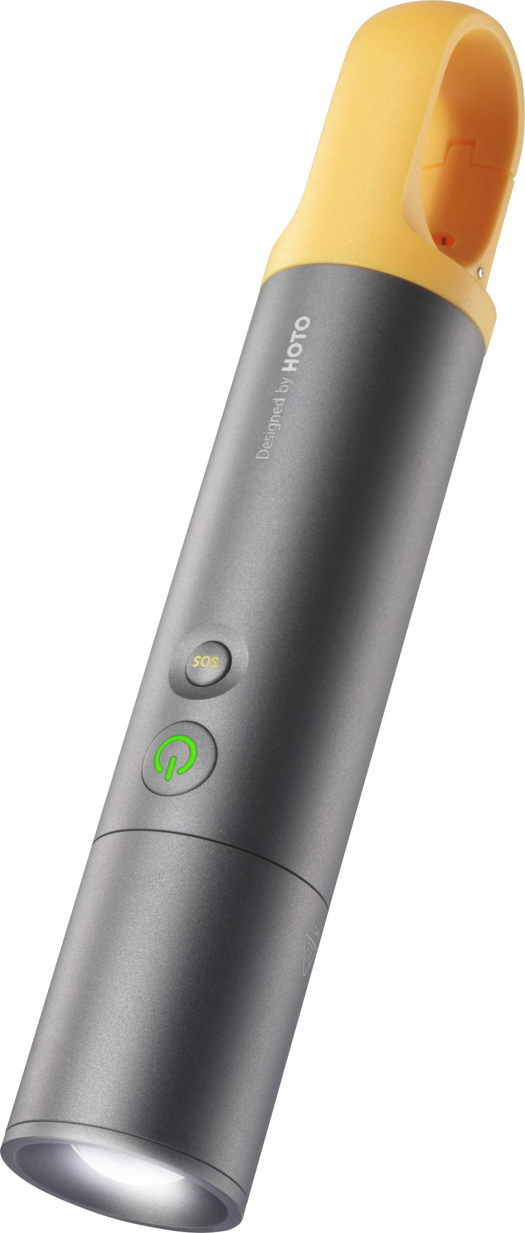 Tragbare, graue Taschenlampe mit orangem Griff und grünem Einschaltknopf, kompakt und ergonomisch gestaltet für vielseitige Nutzung.