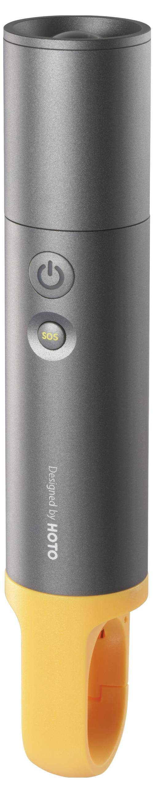 Grauer, zylindrischer Mini-Projektor mit oranger Standfläche und zwei Tasten an der Seite, eine mit 'Ein/Aus' Symbol.