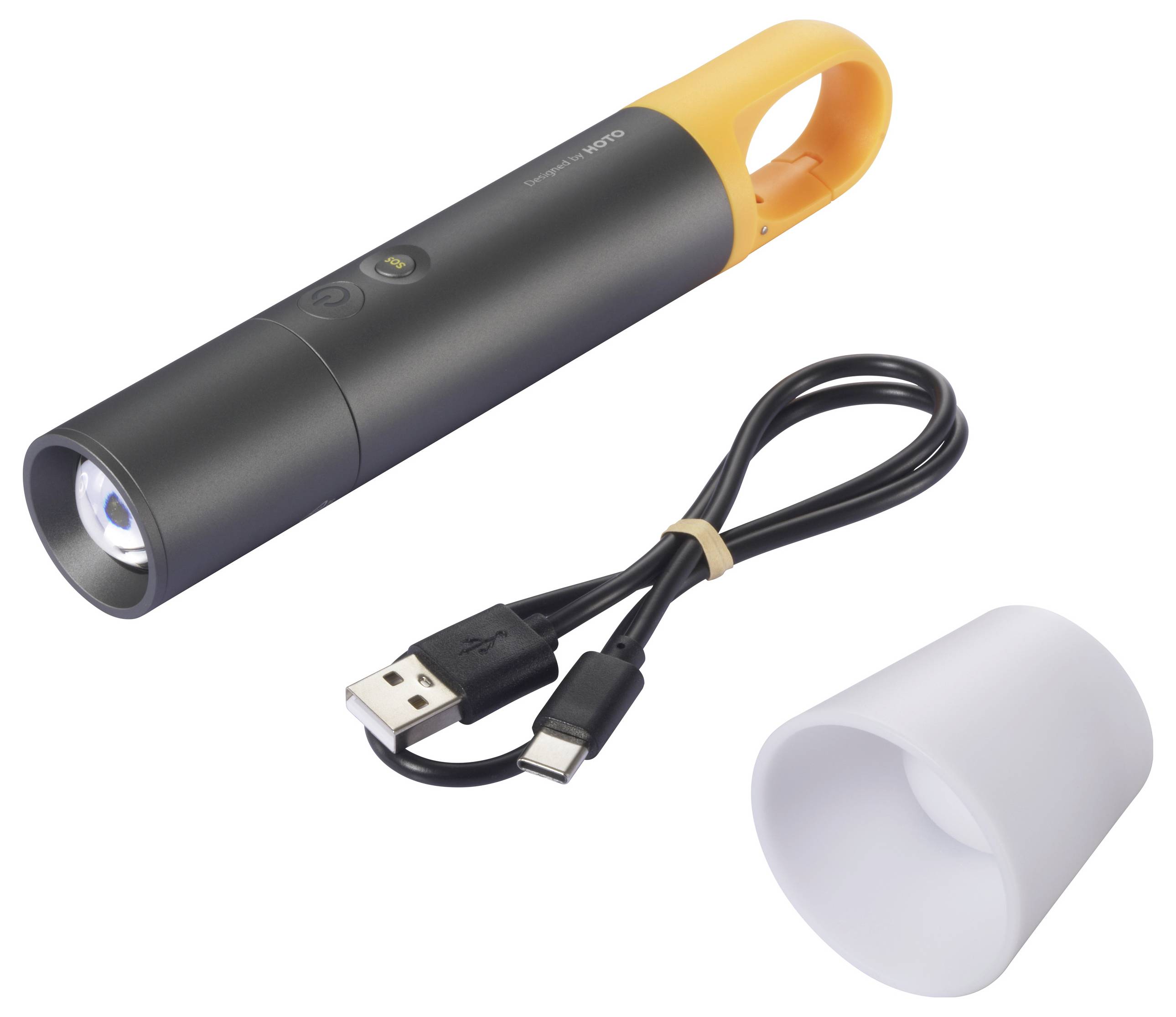 Tragbare LED-Taschenlampe mit USB-C-Ladekabel und weißem Lichtdiffusor. Schwarzes Gehäuse mit orangenem Griff.