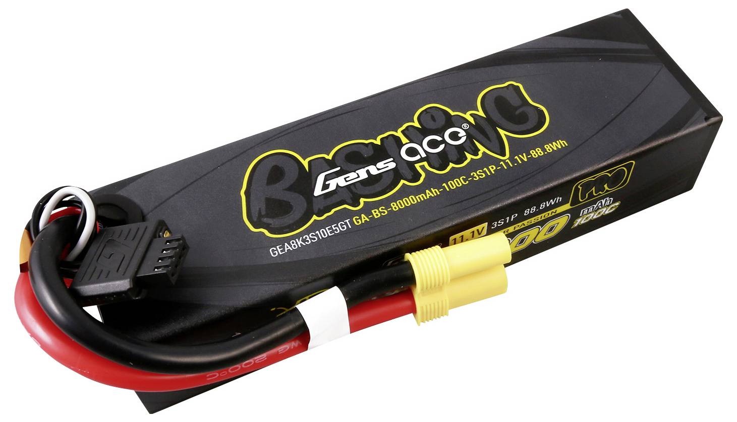 Ein Lithium-Polymer-Akku der Marke Gens Ace mit gelbem Stecker und schwarzem Kabel. Verpackung zeigt Kapazität und Spannung.