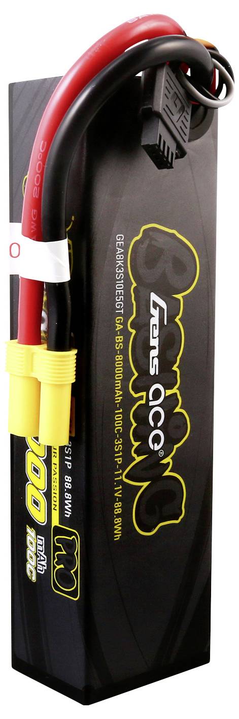 Ein schwarzer RC-Lithium-Polymer-Akku mit zwei gelben Anschlüssen und einem roten Kabel. Aufschrift: 'Gens Ace'.