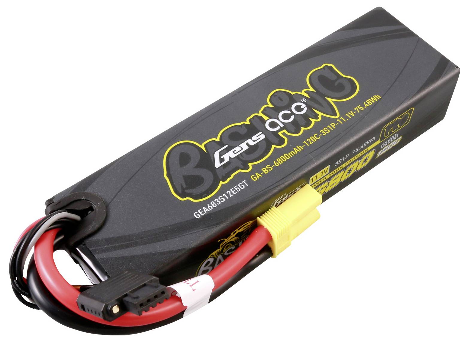 Lithium-Polymer-Akku von Gens Ace mit 6400mAh, 11,1V, geeignet für RC-Modelle. Schwarzes Gehäuse mit gelbem Anschlussstecker.