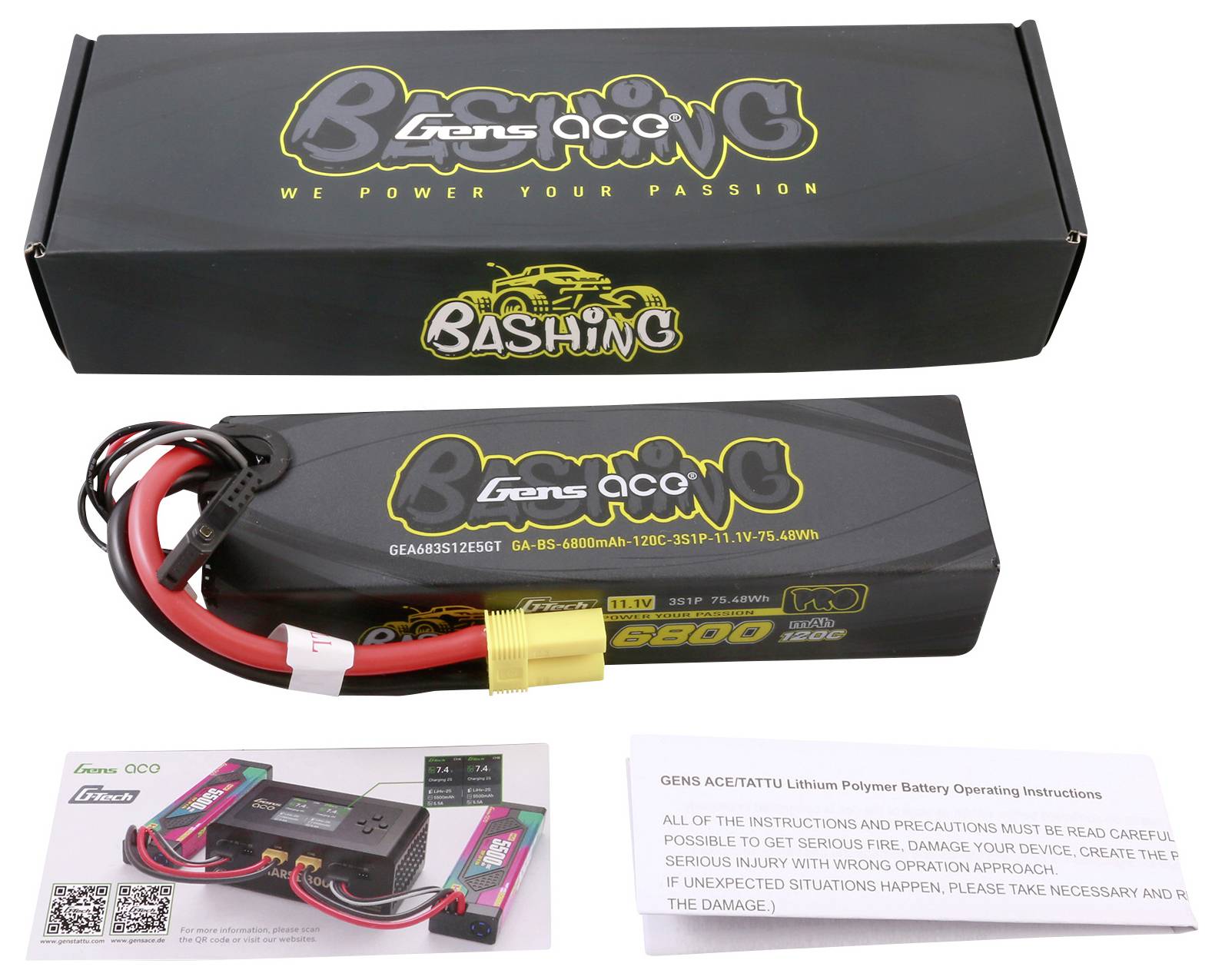 Ein Gens Ace 6800mAh Lipo-Akku mit Anleitung und Verpackung, geeignet für RC-Fahrzeuge.