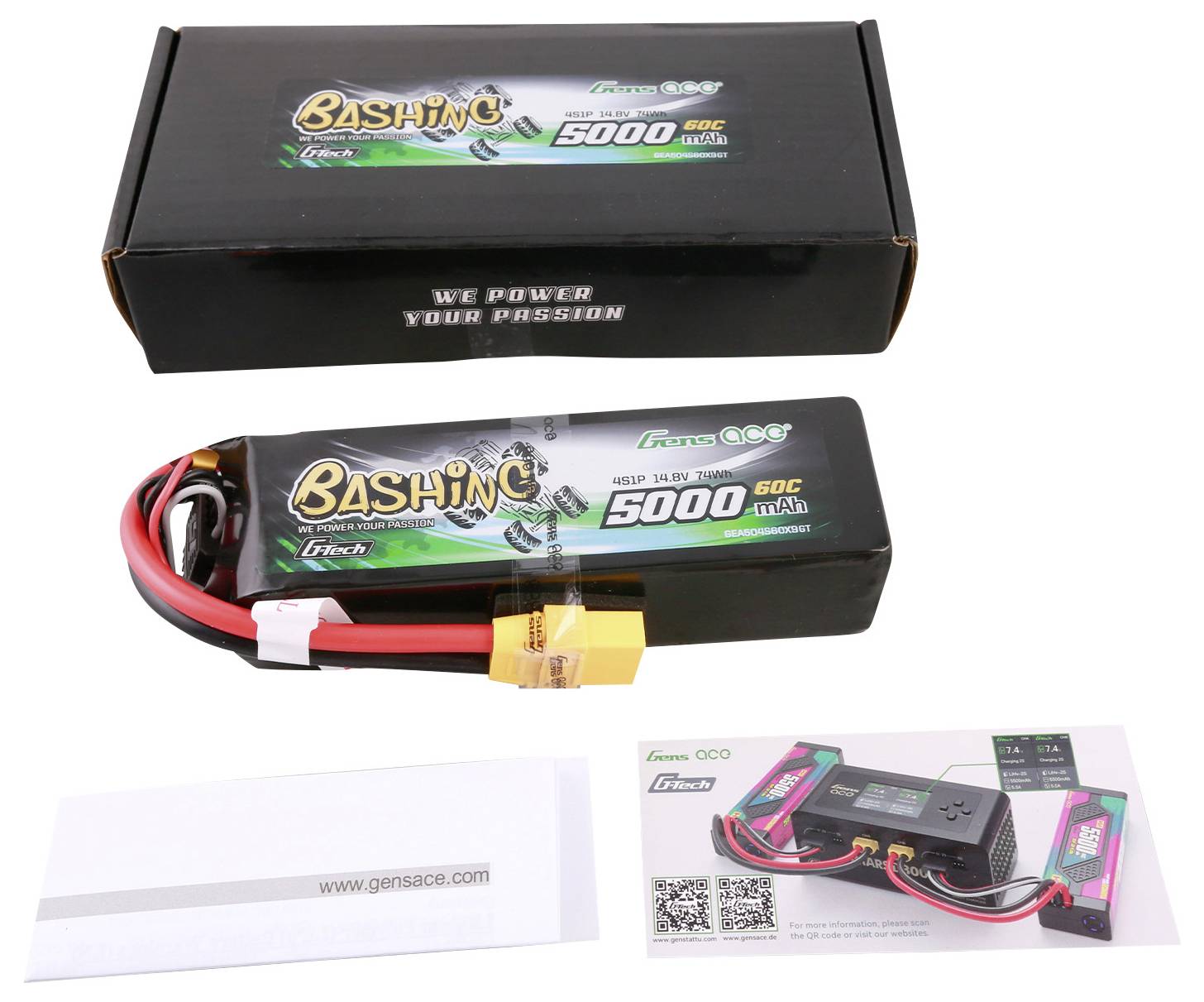 Ein LiPo-Akku mit 5000 mAh und 50C Entladerate, inklusive Verpackung, Herstellerangabe 'Gens Ace', und einem Informationsblatt.