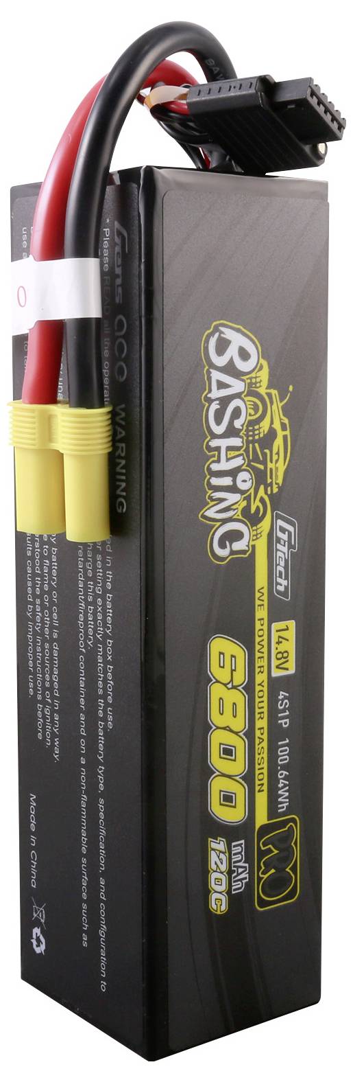 LiPo-Akku mit 6800 mAh, 7,4 V, 2S und 120C, geeignet für RC-Fahrzeuge. Gelb-schwarzes Design, XT90-Stecker, mit Warnhinweisen.