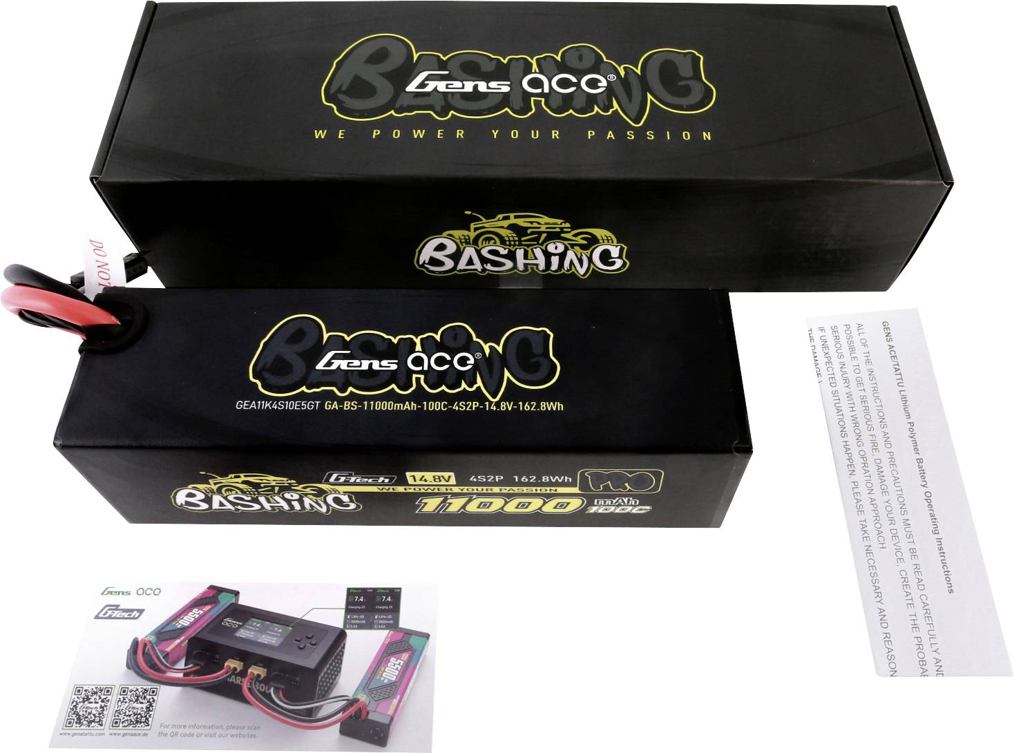 'Gens Ace Bashing' LiPo-Akku-Verpackung mit Akku, darauf steht '11.000mAh, 7,4V, 110C'. Beilage zeigt Anschlüsse und Informationen.