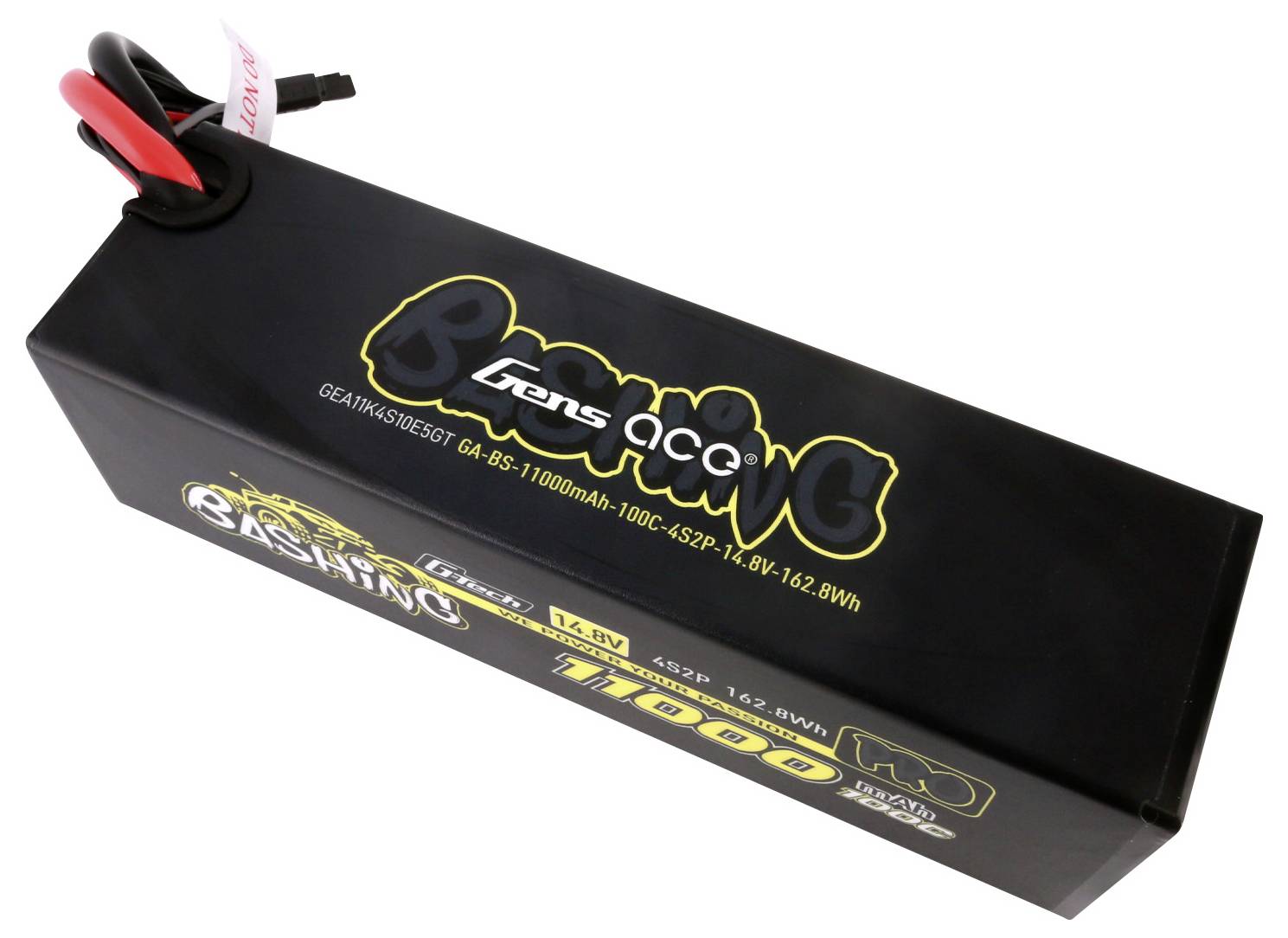 Schwarzer Akku für RC-Modelle der Marke Gens Ace mit der Aufschrift 'Basher', 11000mAh, 14,8V, 162Wh, geeignet für hohe Leistung.