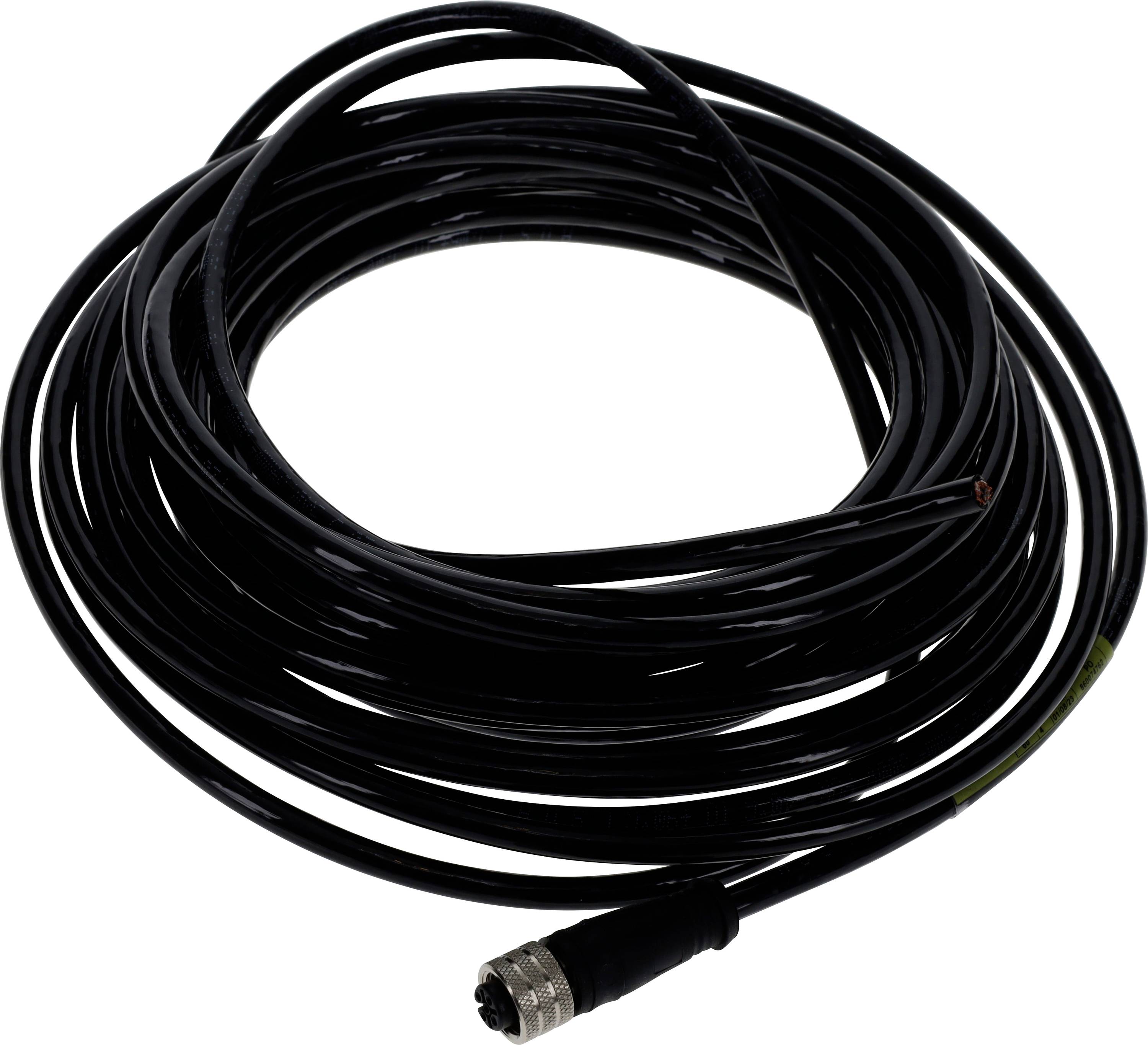 Ein aufgewickeltes schwarzes Kabel mit einem Metallstecker an einem Ende, geeignet für elektronische oder Audio-Geräte-Anschlüsse.