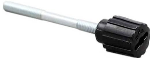 Ein Metallbolzen mit einer langen Gewindestange und einer schwarzen Kunststoff-Flügelmutter, die für einfaches Handfestziehen konzipiert ist.