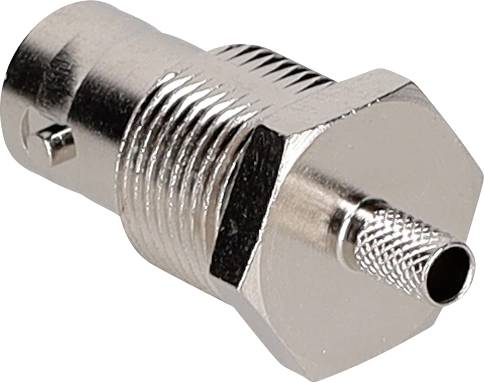 Ein metallischer RF-Koaxialstecker (Hochfrequenz) mit sechseckiger Basis, der zum Befestigen von Kabeln in Audio-Visual-Anordnungen verwendet wird.
