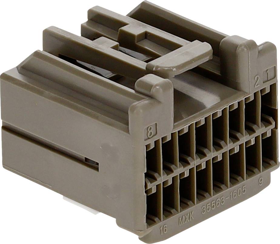 Ein brauner elektrischer Anschluss mit mehreren Schlitzen und beschrifteten Pins von 1 bis 8 auf der Oberseite und 9 bis 16 an der Seite, der für Schaltkreisverbindungen verwendet wird.