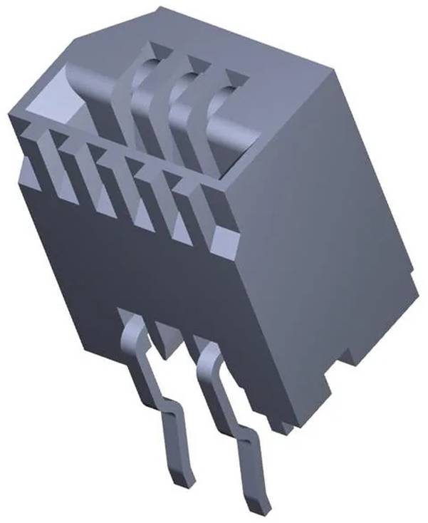 Eine 3D-Darstellung eines sechspoligen Elektrosteckers mit Kunststoffgehäuse und sichtbaren Metallkontakten an der Unterseite, von oben betrachtet.
