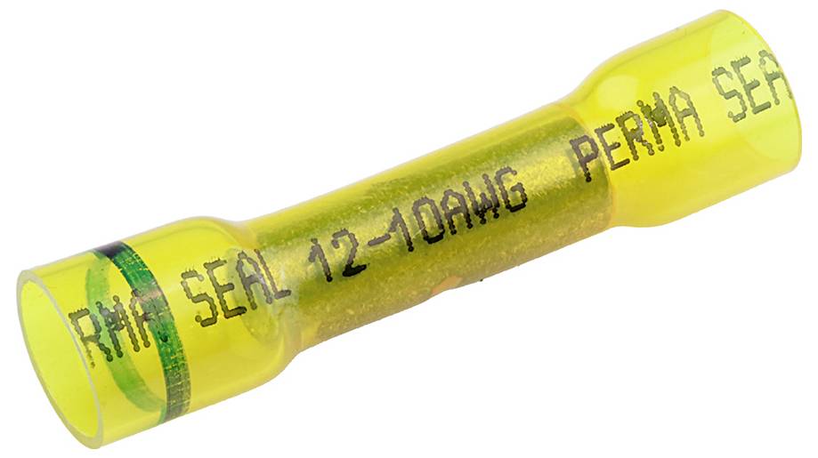 Gelber Schrumpfschlauch-Stoßverbinder mit Beschriftung 