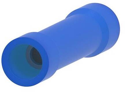 Ein blauer zylindrischer Gegenstand mit ausgestellten Enden, der einem Rohrleitungsrohr oder Verbinder ähnelt, gezeigt vor einem weißen Hintergrund.