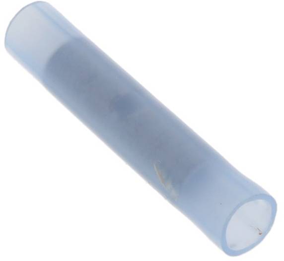 Ein blauer Schrumpfschlauch-Steckverbinder, zylindrisch geformt, zum Isolieren und Verbinden von Elektrokabeln verwendet.