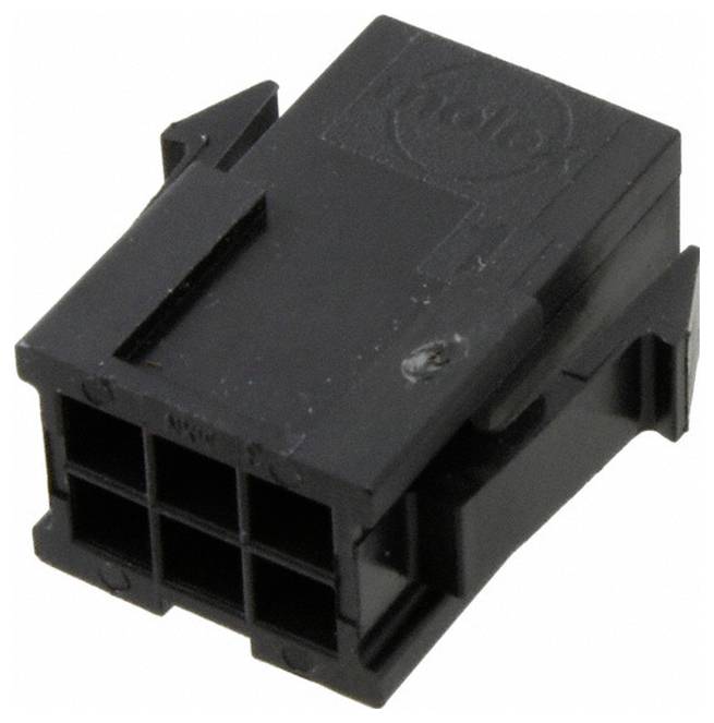 Ein schwarzer kunststoffischer elektrischer Stecker mit rechteckiger Form und mehreren Schlitzen für Drähte.