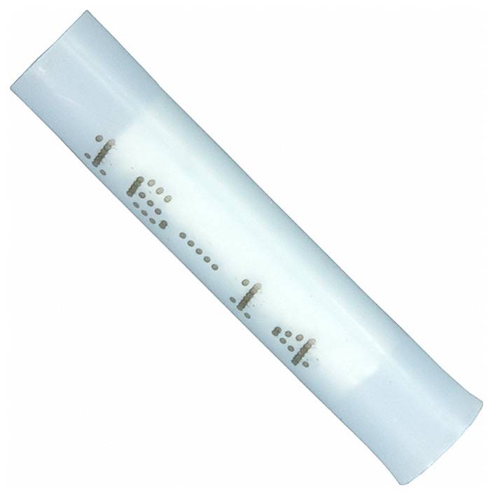 Ein blassblauer zylindrischer Gegenstand mit schwarzem Blindenschrifttext auf seiner Oberfläche, diagonal gegen einen weißen Hintergrund platziert.