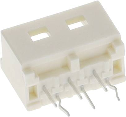 Ein cremefarbener, rechteckiger elektronischer Anschluss mit vier Metallstiften, die von der Unterseite herausragen.