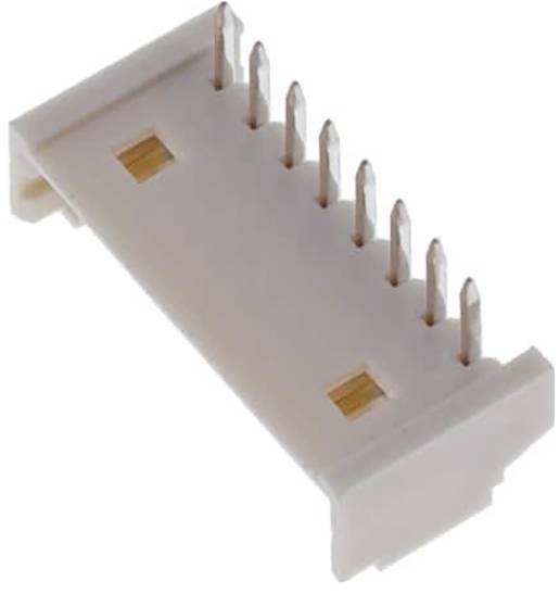 Achtteiliger Kunststoff-Elektroverbinder mit in einer Reihe angeordneten Pins, verwendet für Anschlüsse auf elektronischen Leiterplatten.