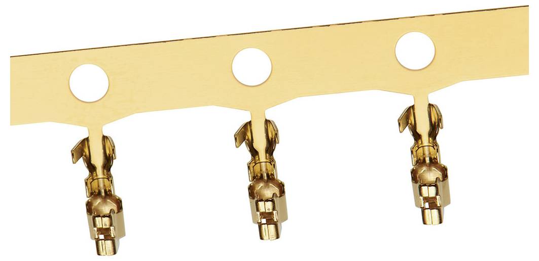 Drei goldfarbene Steckverbinder an einem Halteband.