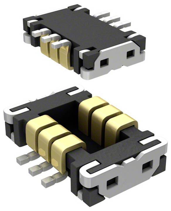 Zwei schwarze elektronische Komponenten mit Goldkontakten und Metallstiften, typischerweise für die Oberflächenmontage auf Leiterplatten verwendet.