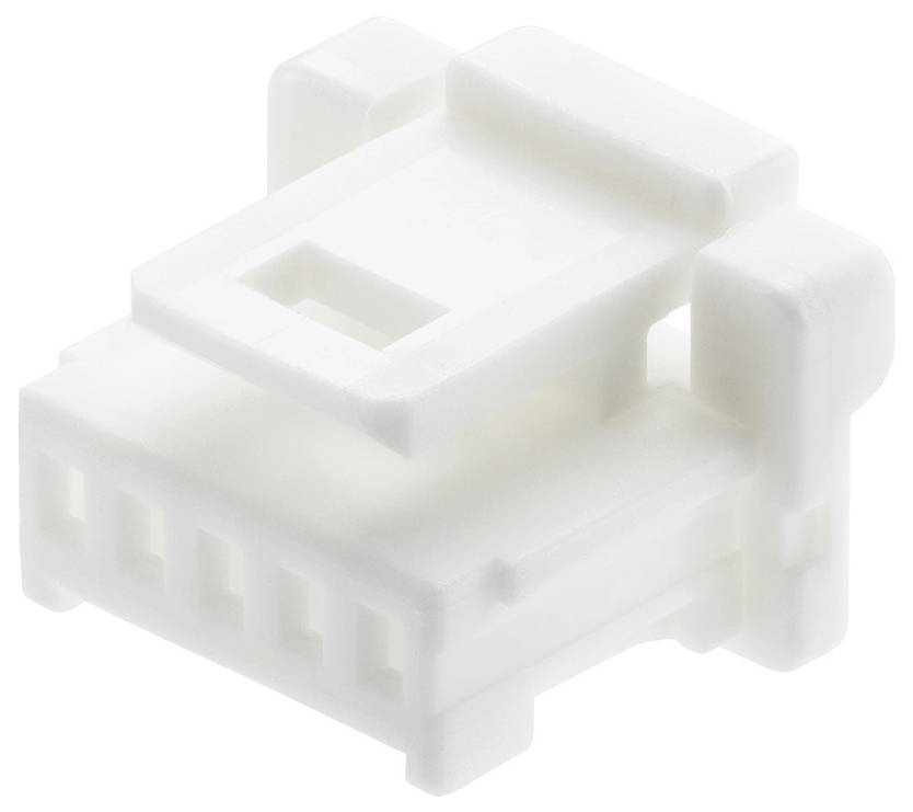 Ein weißer Kunststoff-Elektrostecker mit sechs Anschlüssen, verwendet für elektronische Komponenten und Verdrahtungsverbindungen.